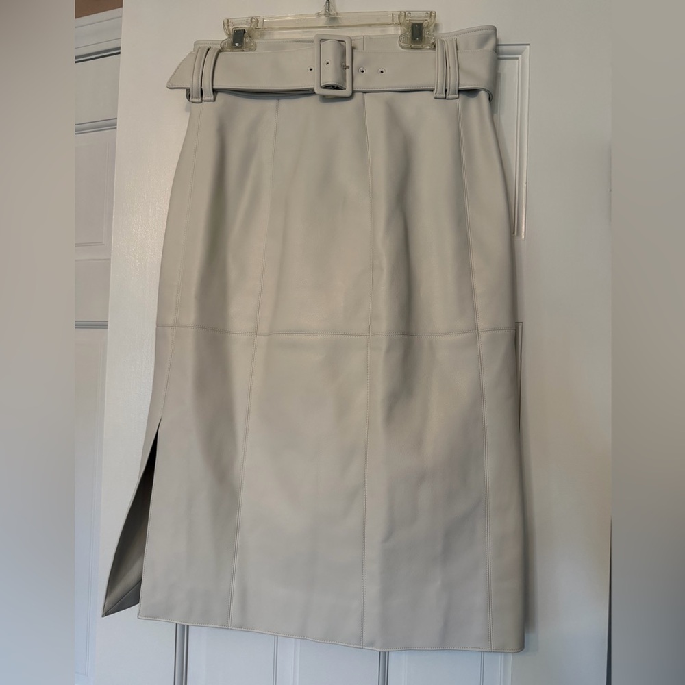 Club Monaco Cream Faux Leather Pencil Skirt with Side Slit